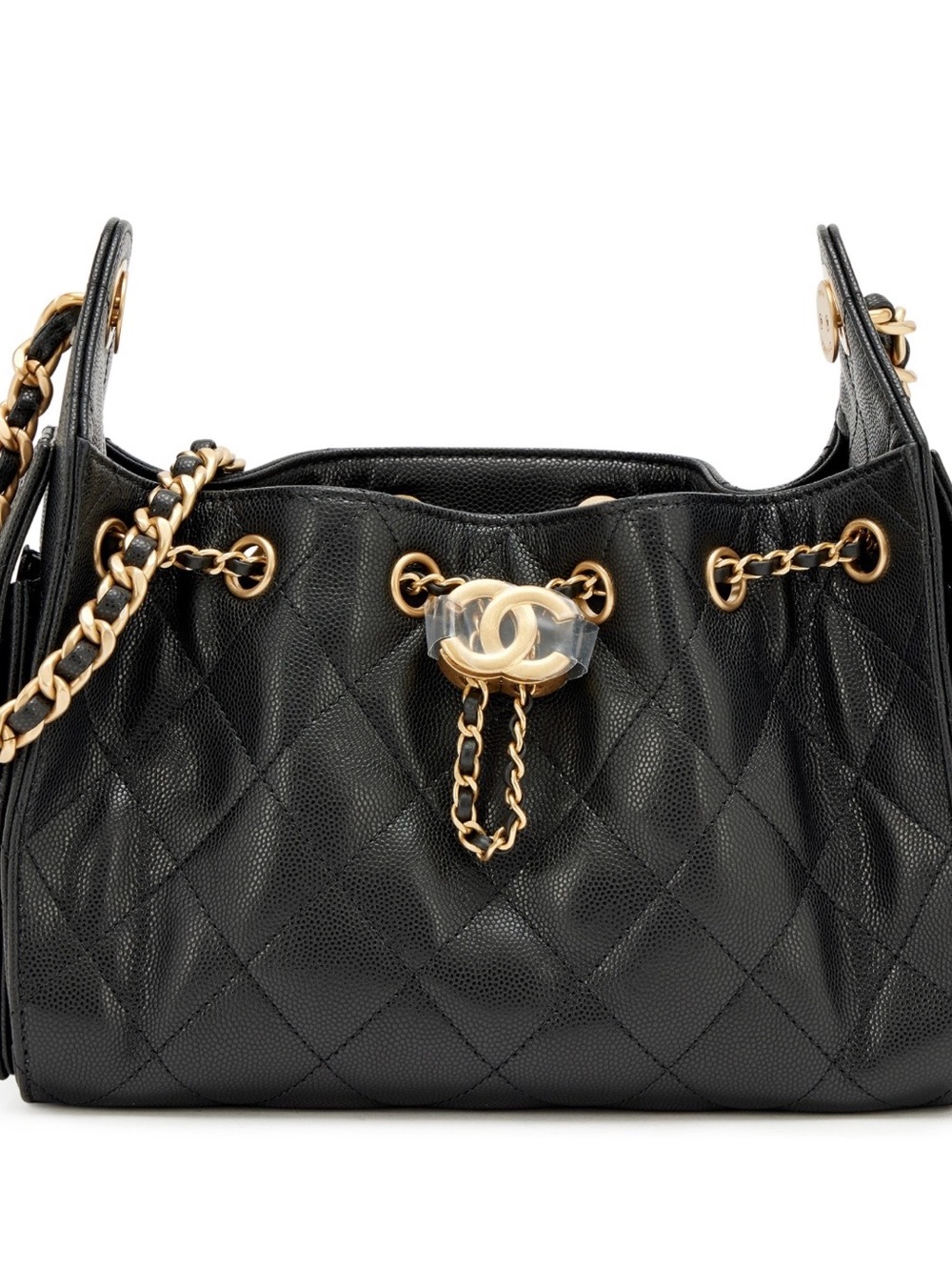 Brand New - Chanel Black Quilted Leather Drawstring Shoulder Bag with Gold Chain